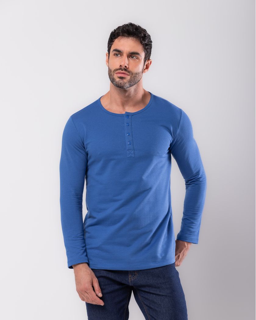 Camisa Henley Manga Longa Azul Royal - Moletinho - Barão Alpha