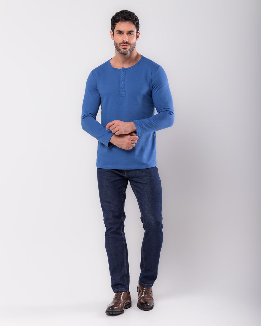 Camisa Henley Manga Longa Azul Royal - Moletinho 
