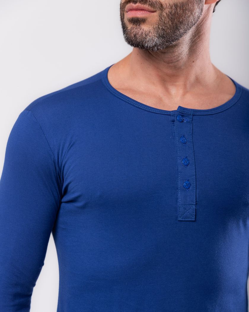 Camisa Henley Manga Longa Azul Royal - Algodão Pima 