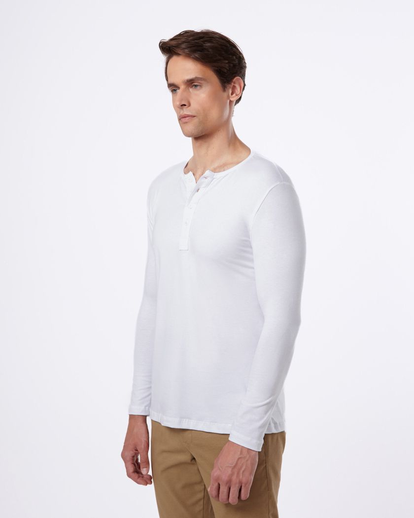 Camisa Henley Manga Longa Branca - Algodão Egípcio