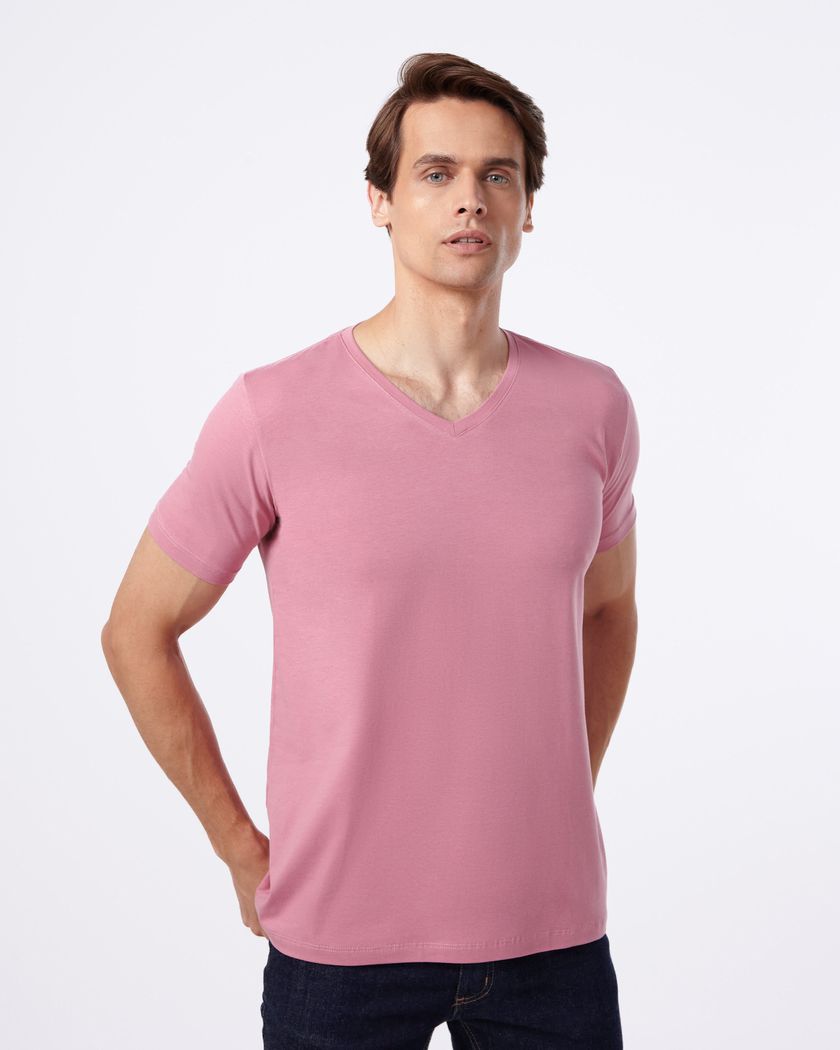 Camiseta Gola V Manga Curta Rosa- Algodão Egípcio
