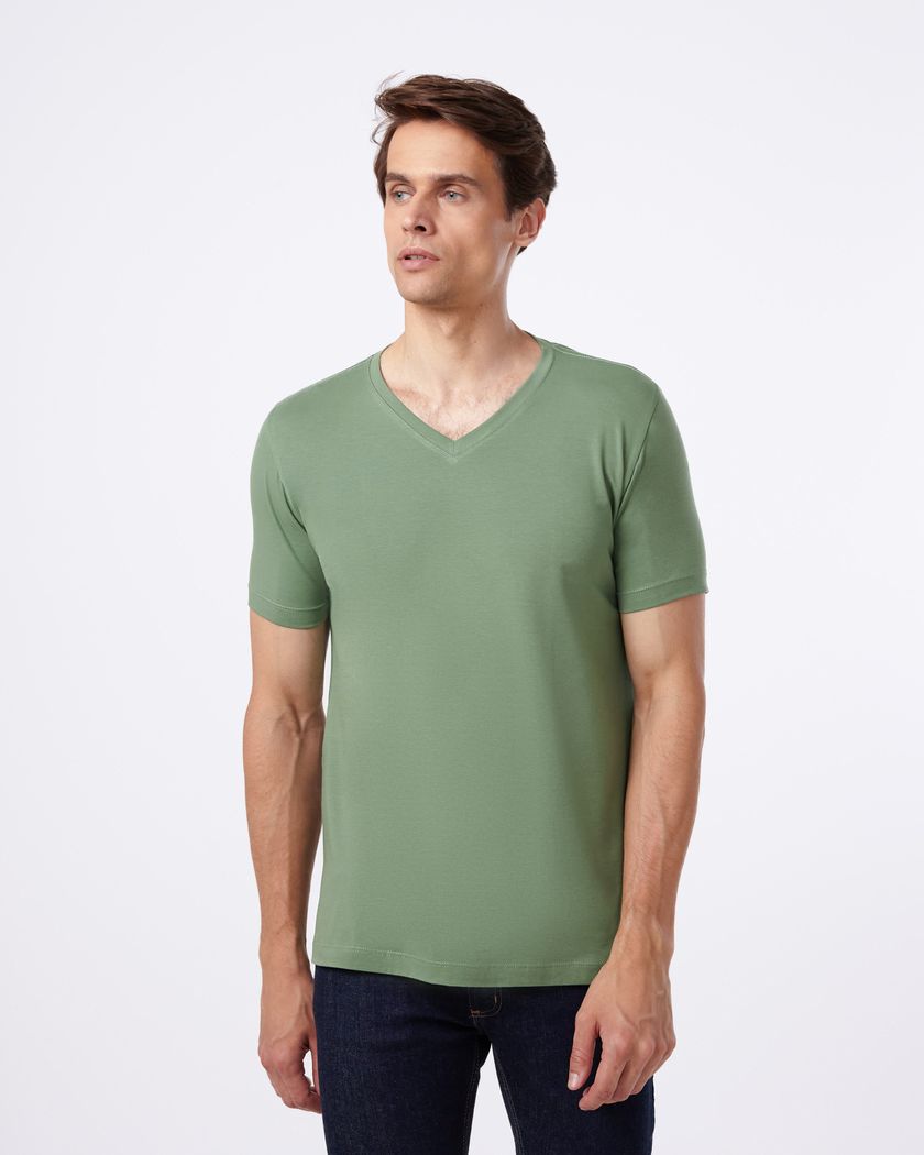 Camiseta Gola V Manga Curta Verde Mar - Algodão Egípcio 