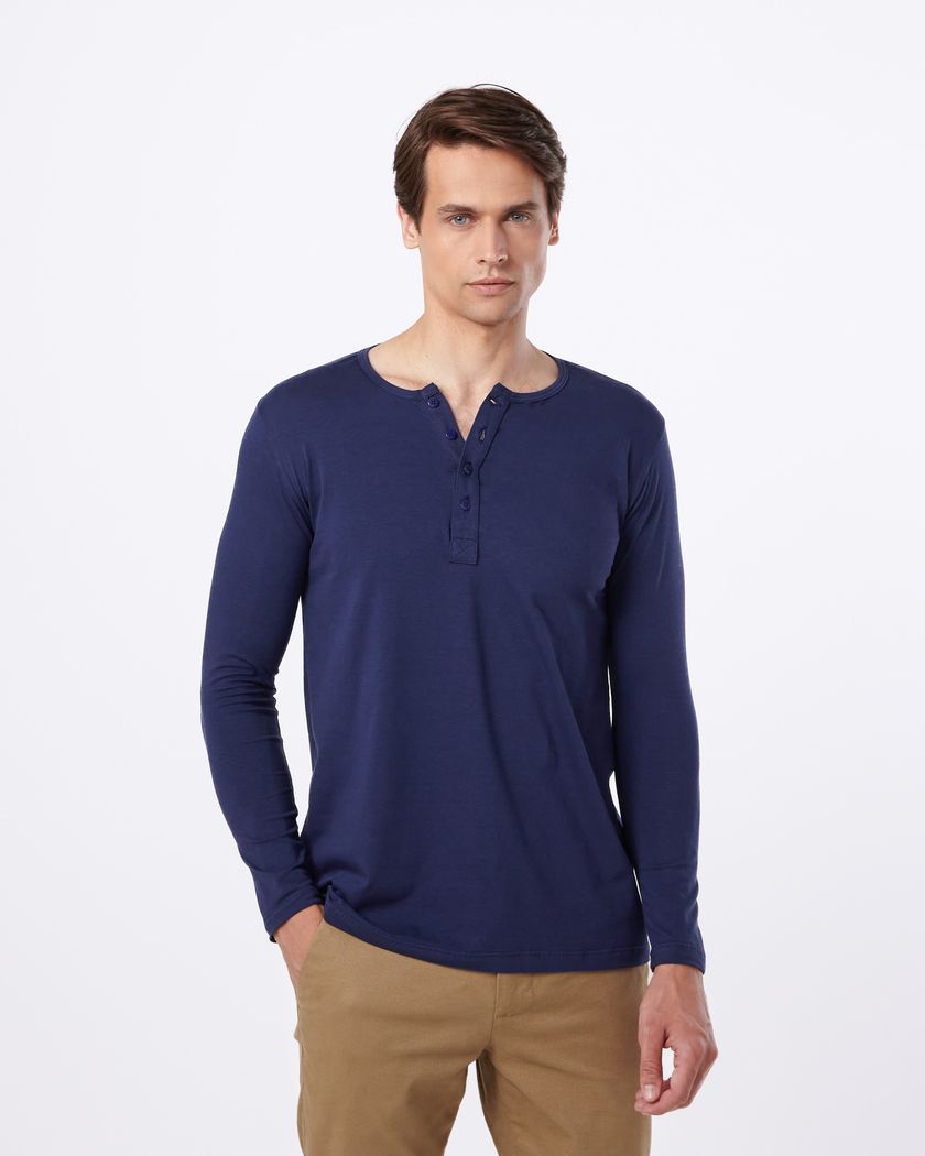 KIT 3 Camisas Henley azul, preta e verde - Algodão Egípcio 