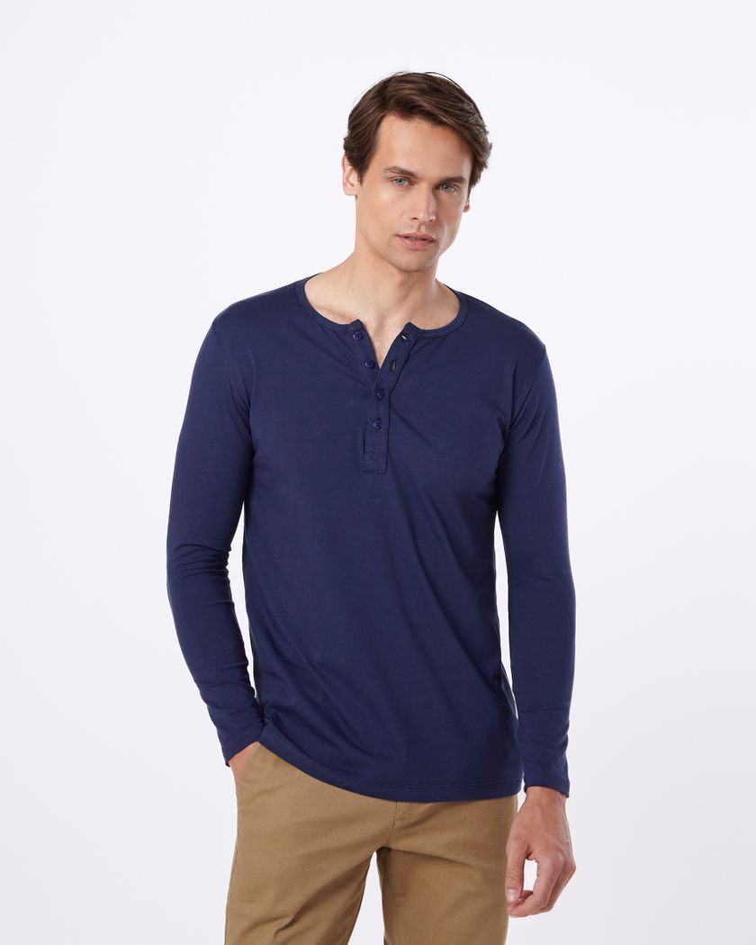 Camisa Henley Manga Longa Azul - Algodão Egípcio - Barão Alpha