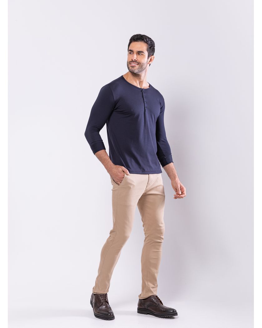 Camisa Henley Harvey Manga Longa Azul Marinho - Algodão Pima