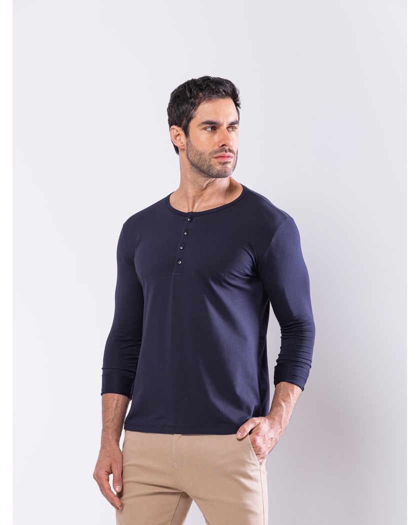 Camisa Henley Harvey Manga Longa Azul Marinho - Algodão Pima