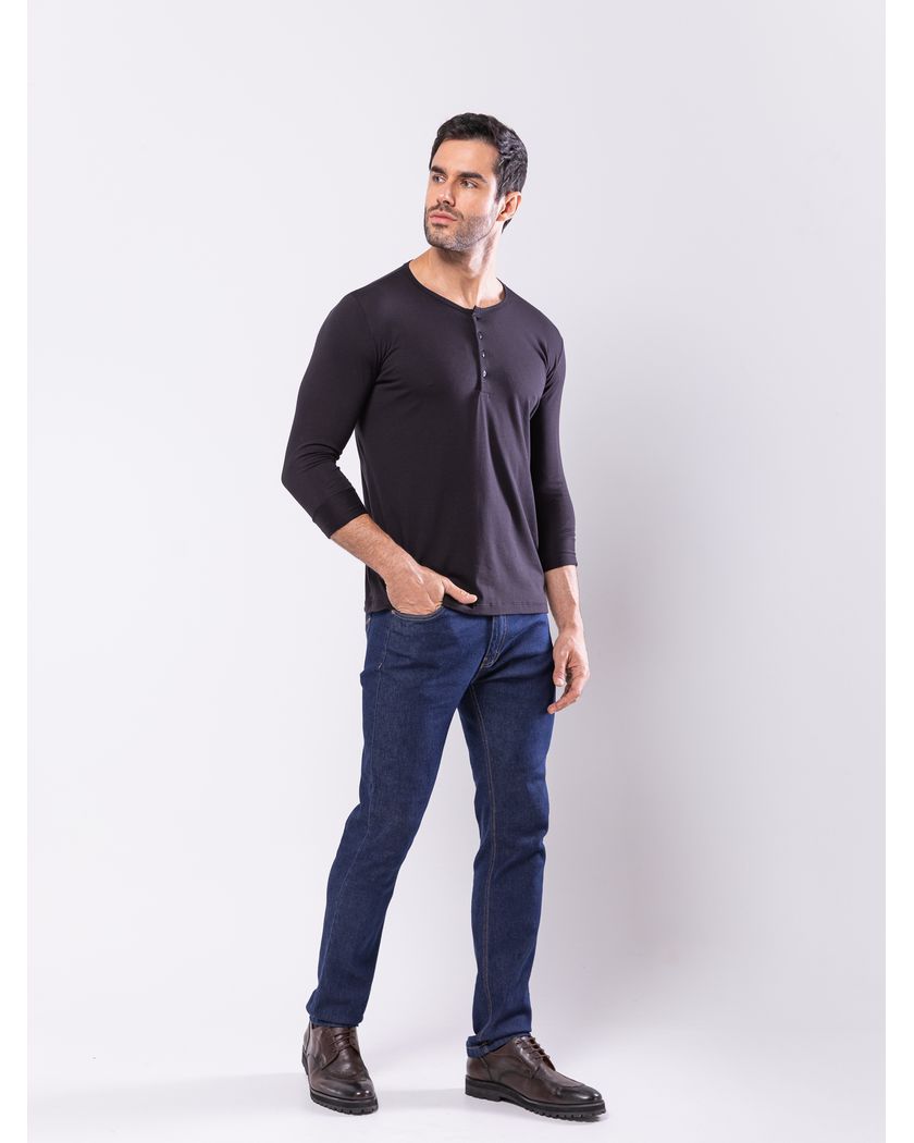 Camisa Henley Harvey Manga Longa Preta - Algodão Pima