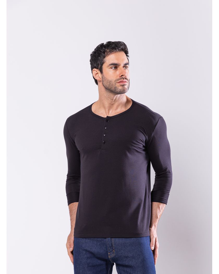 Camisa Henley Harvey Manga Longa Preta - Algodão Pima