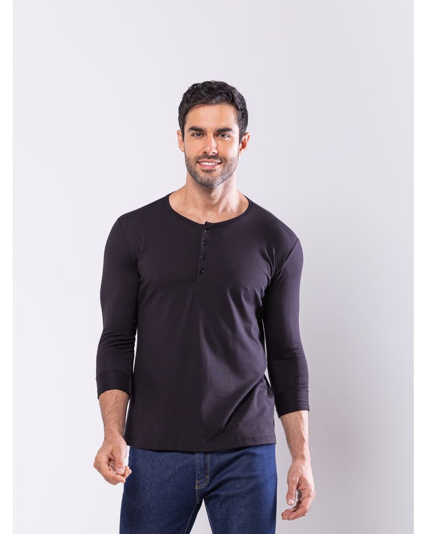 Camisa Henley Harvey Manga Longa Preta - Algodão P... - Barão Alpha