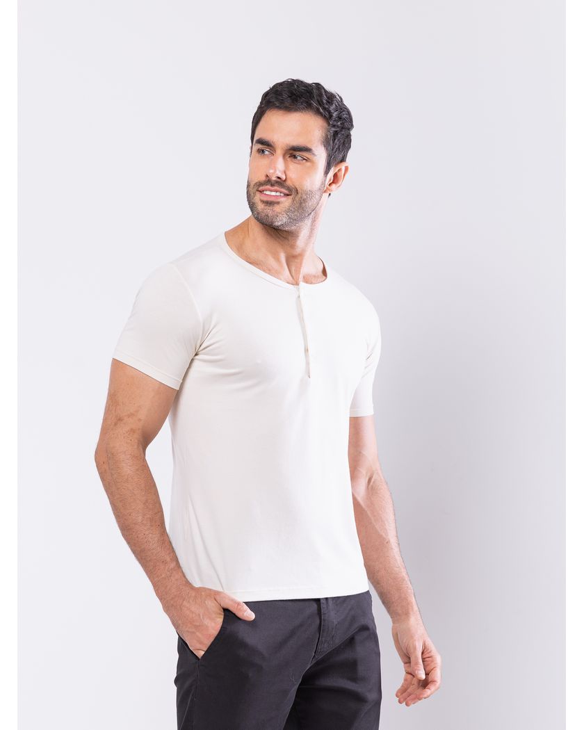 Camisa Henley Harvey Manga Curta Off White- Algodão Pima