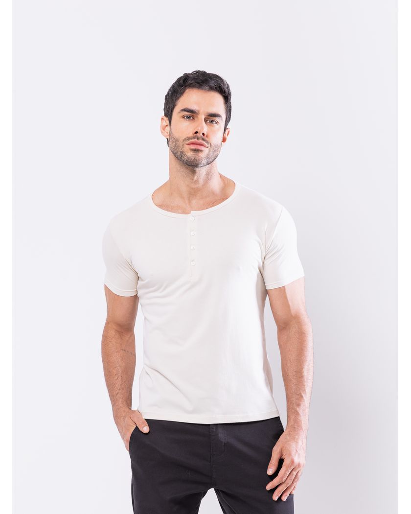 Camisa Henley Harvey Manga Curta Off White- Algodã... - Barão Alpha