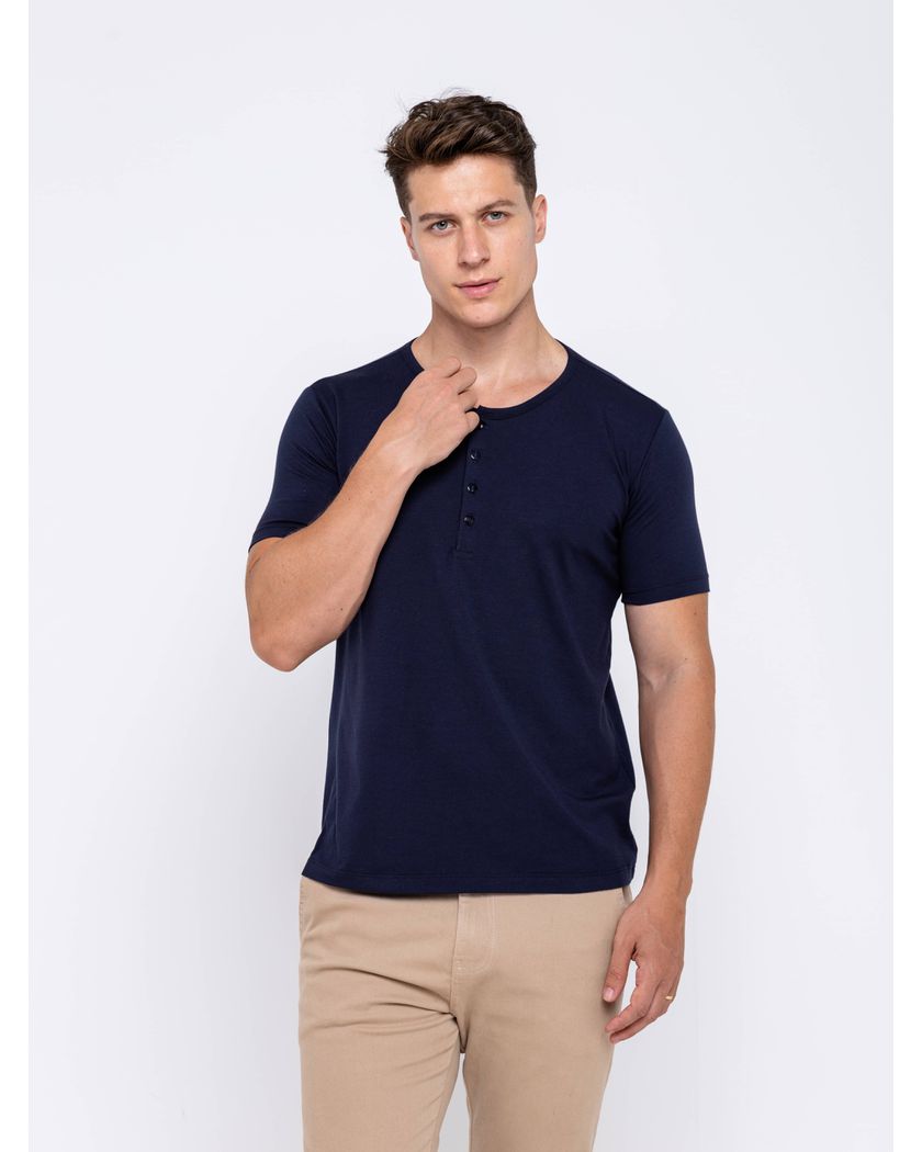 Camisa Henley Harvey Manga Curta Azul- Algodão Pim... - Barão Alpha