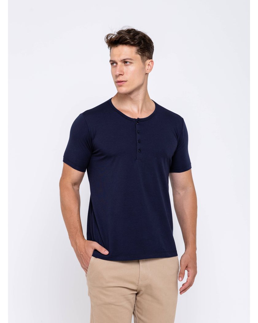Camisa Henley Harvey Manga Curta Azul- Algodão Pima