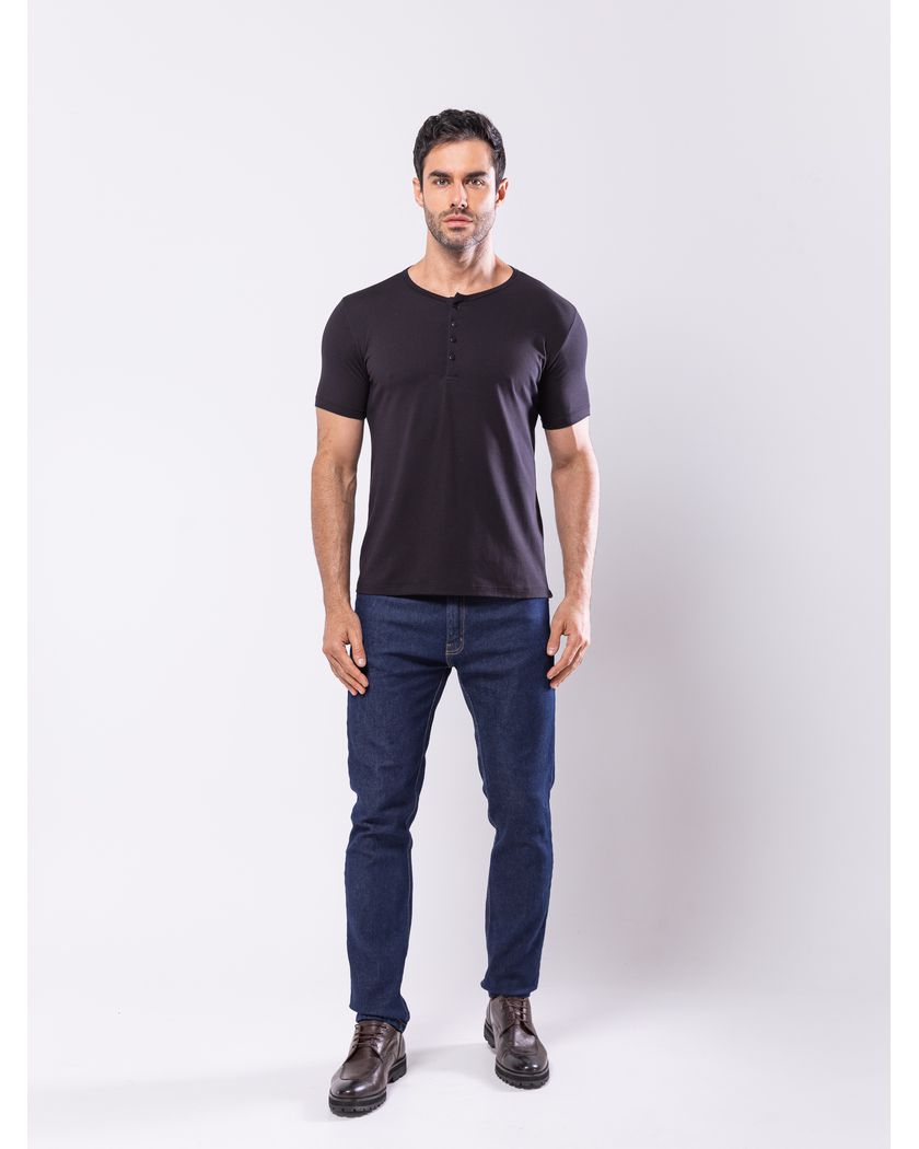 Camisa Henley Harvey Manga Curta Preta - Algodão Pima