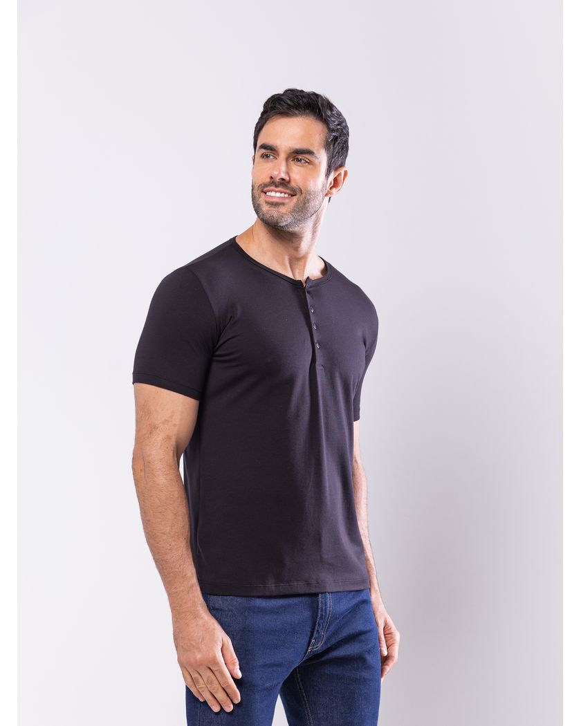 Camisa Henley Harvey Manga Curta Preta - Algodão Pima