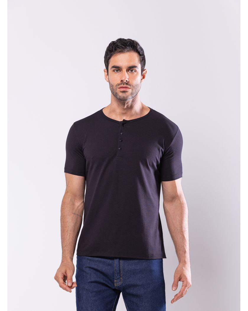 Camisa Henley Harvey Manga Curta Preta - Algodão P... - Barão Alpha