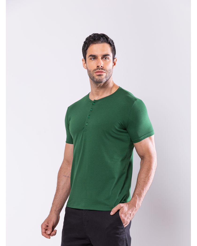 Camisa Henley Harvey Manga Curta Verde - Algodão Pima