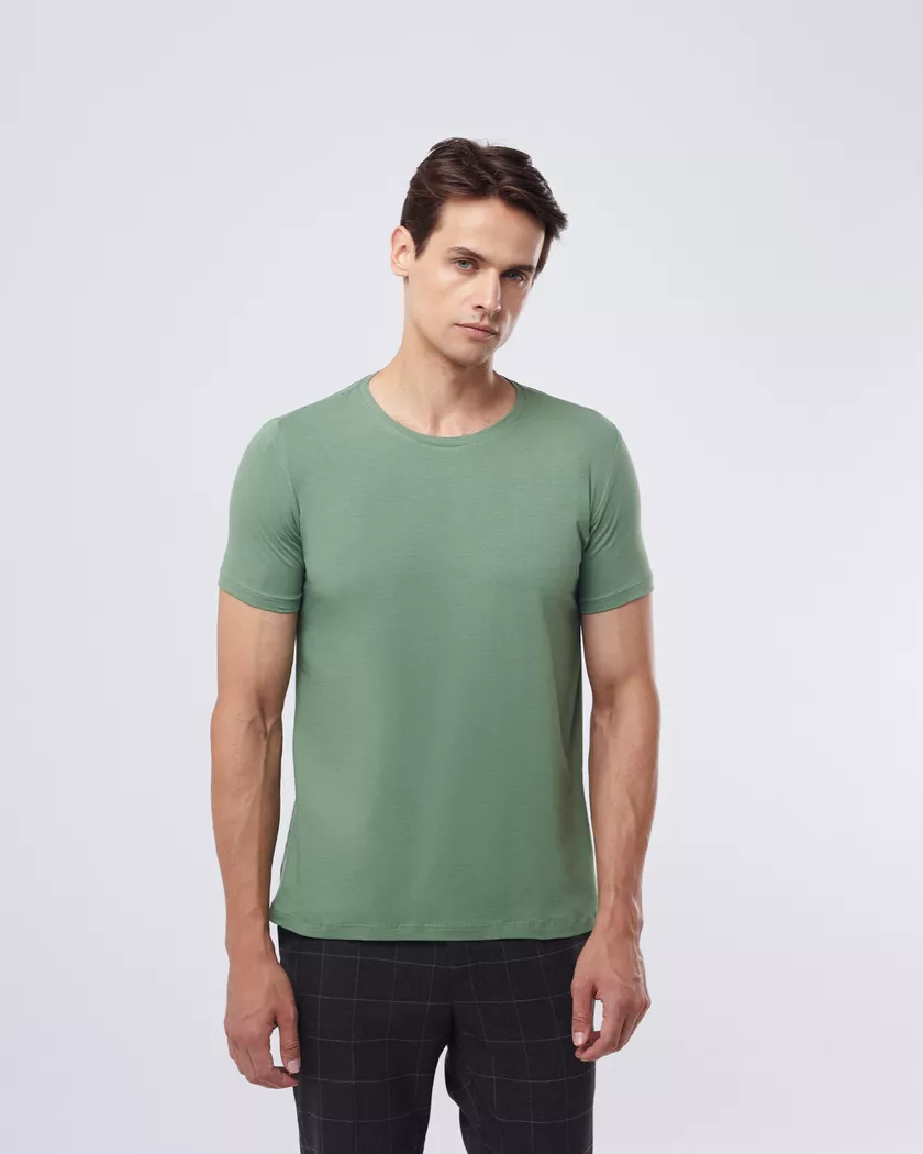 Camiseta Gola Redonda Curta Verde Mar - Algodão Egípcio 