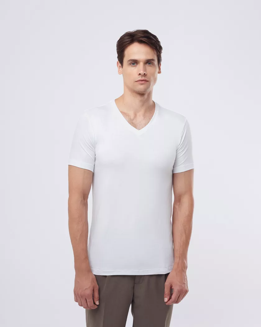 Camiseta Gola V Manga Curta Branca - Algodão Egípc... - Barão Alpha