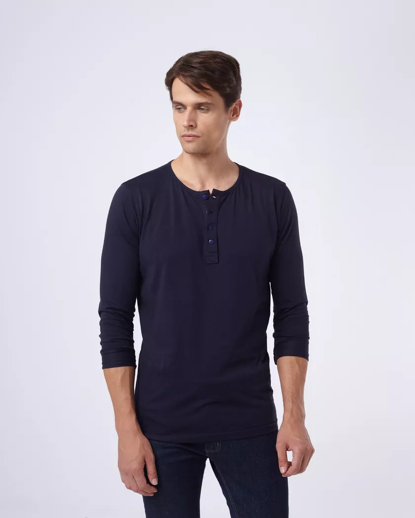 Camisa Henley Manga Longa Azul - Algodão Pima - Barão Alpha