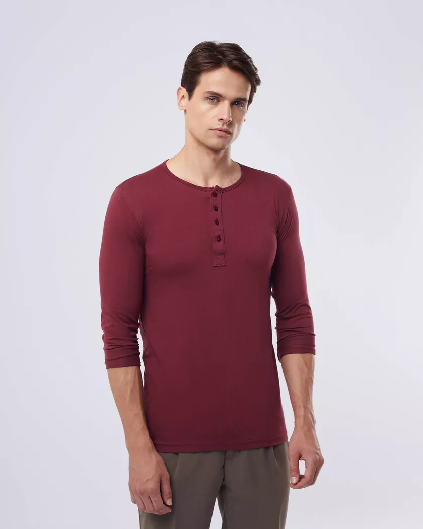 Camisa Henley Manga Longa Bordô - Algodão Egípcio... - Barão Alpha