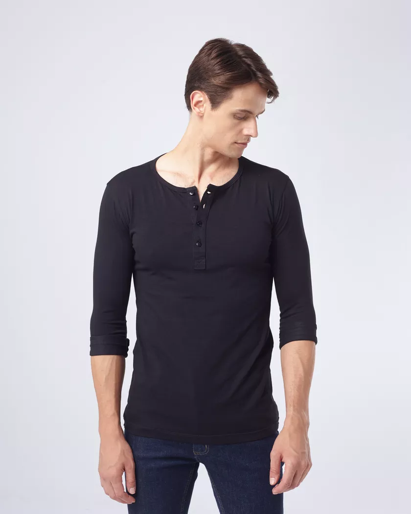 Camisa Henley Manga Longa Preta - Algodão Pima - Barão Alpha