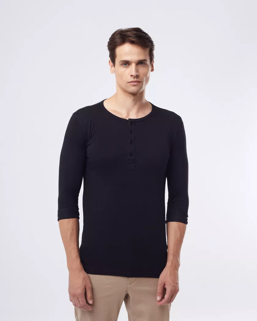 Camisa Henley Manga Longa Preta - Algodão Egípcio - Barão Alpha