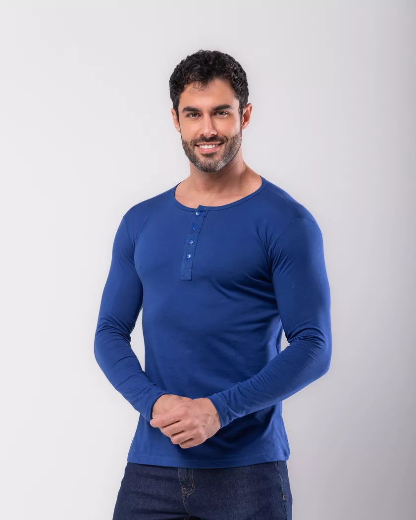 Camisa Henley Manga Longa Azul Royal - Algodão Pim... - Barão Alpha