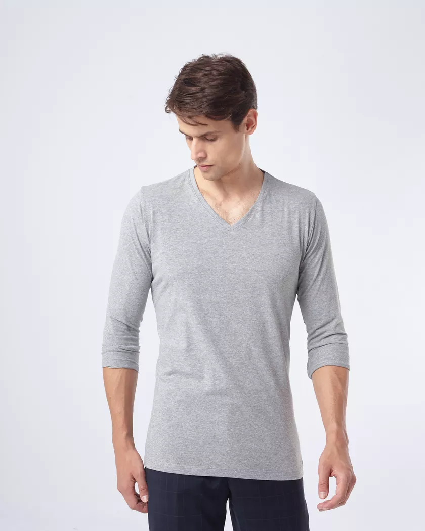 Camiseta Gola V Manga Longa Cinza Mescla- Algodão ... - Barão Alpha