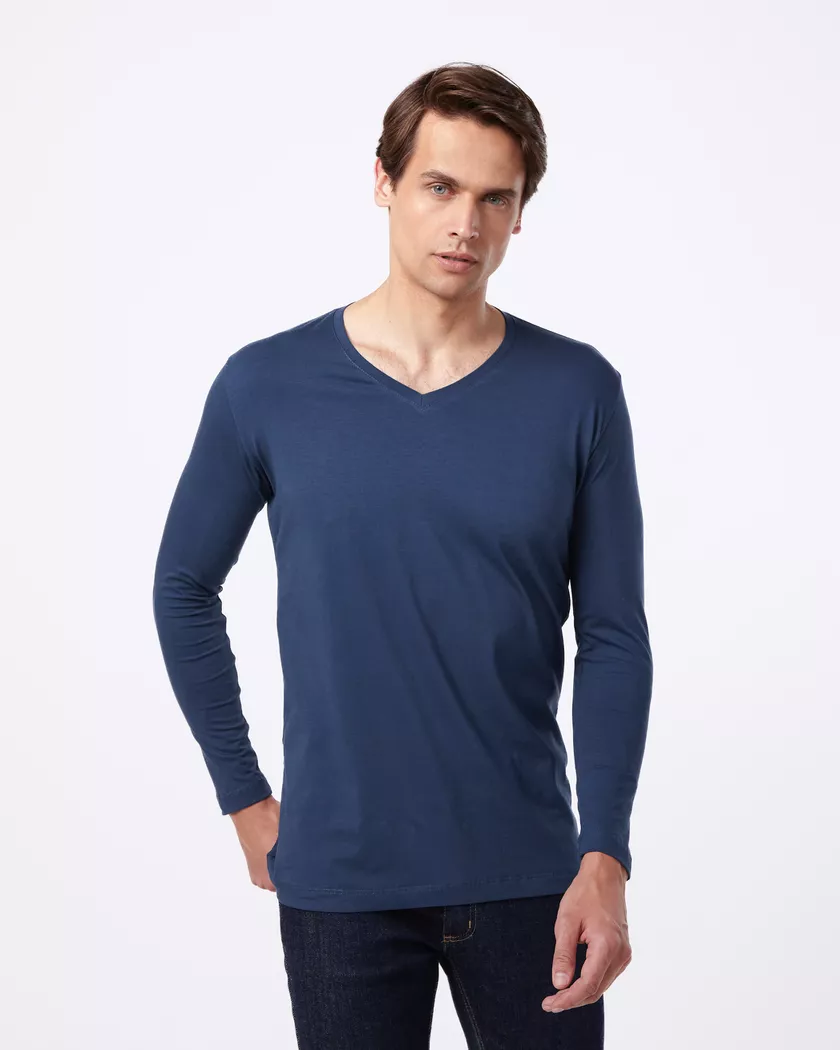 Camiseta Gola V Manga Longa Azul- Algodão Egípcio ... - Barão Alpha