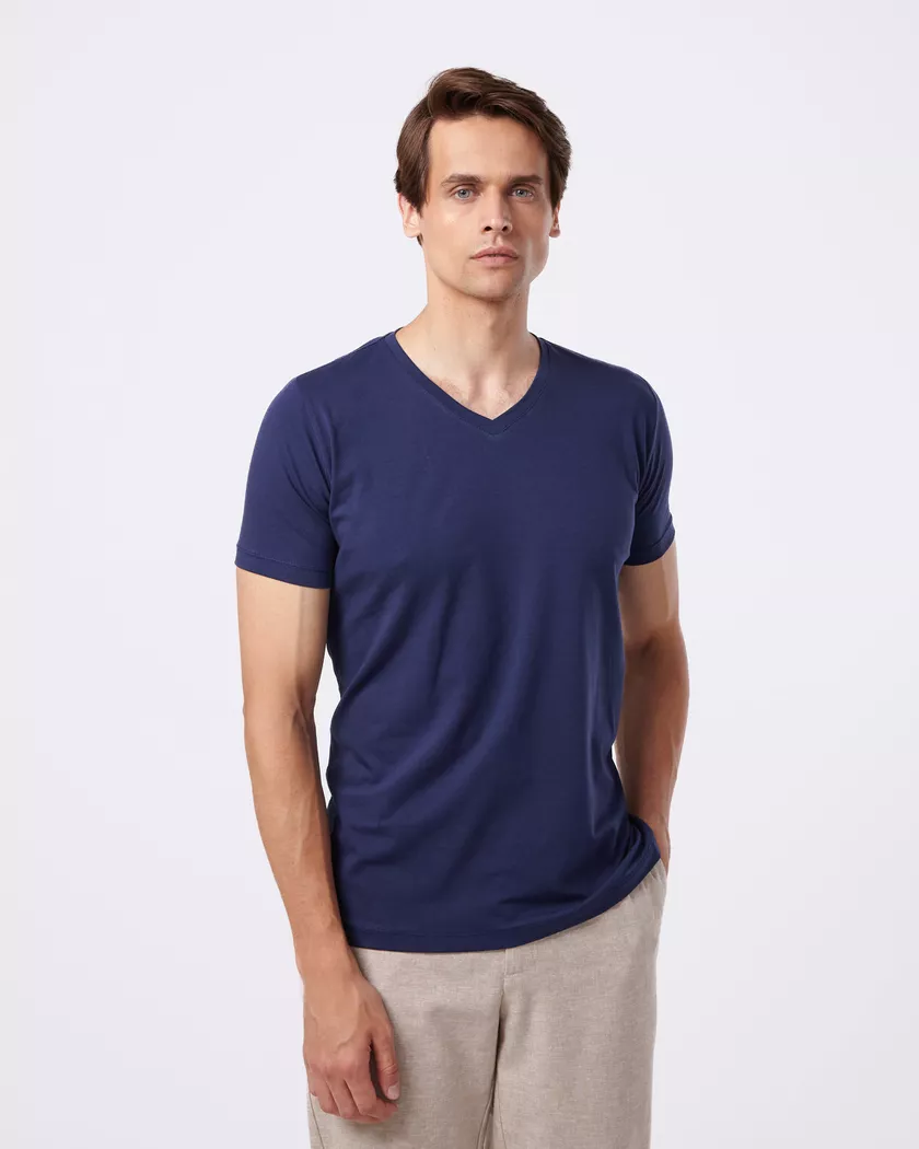Camiseta Gola V Manga Curta Azul - Algodão Egípcio... - Barão Alpha