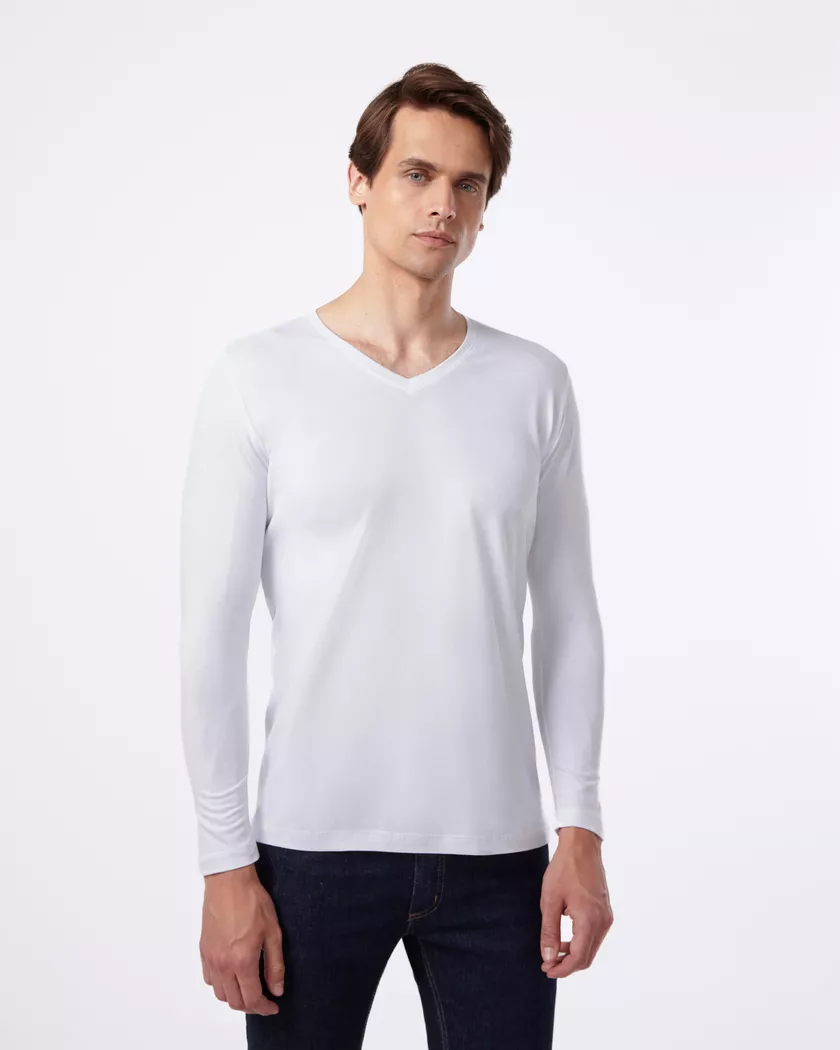 Camiseta Gola V Manga Longa Branca- Algodão Egípcio 