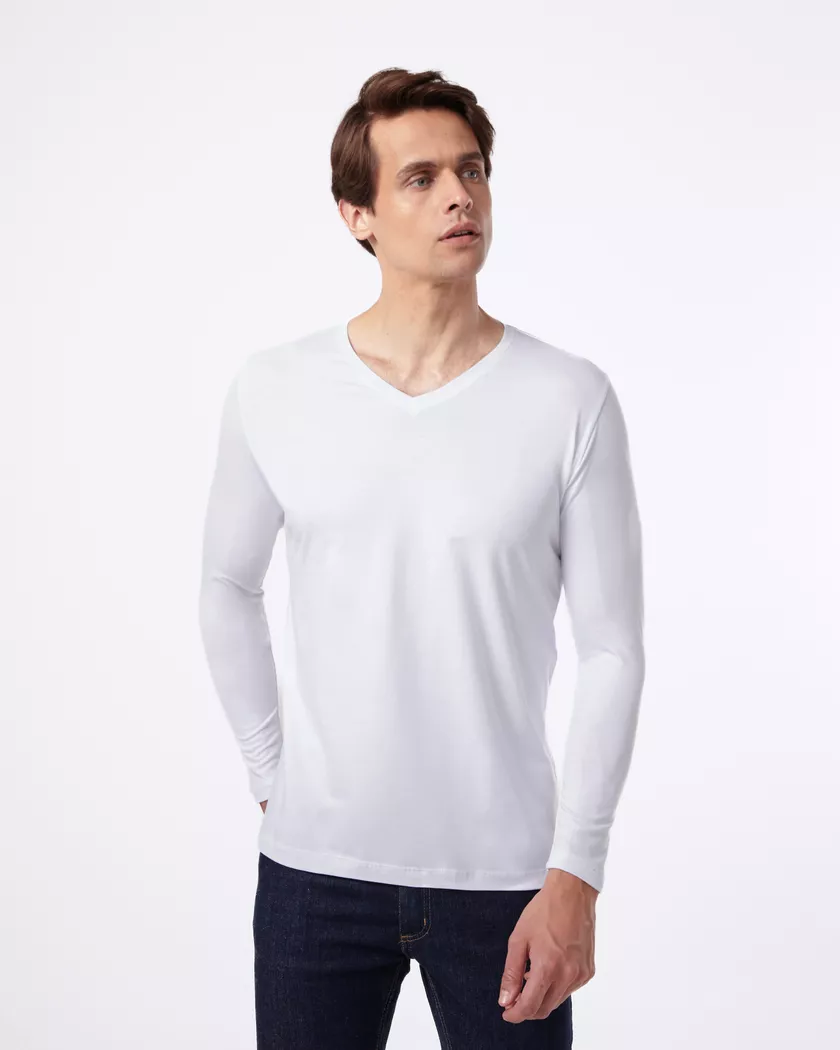 Camiseta Gola V Manga Longa Branca- Algodão Egípci... - Barão Alpha