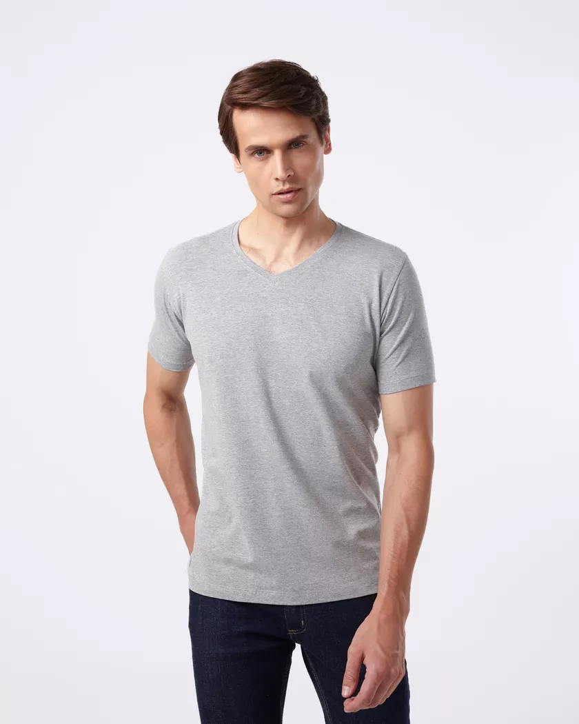 Camiseta Gola V Manga Curta Cinza Mescla- Algodão ... - Barão Alpha