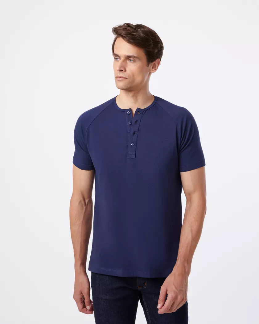 Camisa Raglan Manga Curta Azul - Algodão Egípcio - Barão Alpha