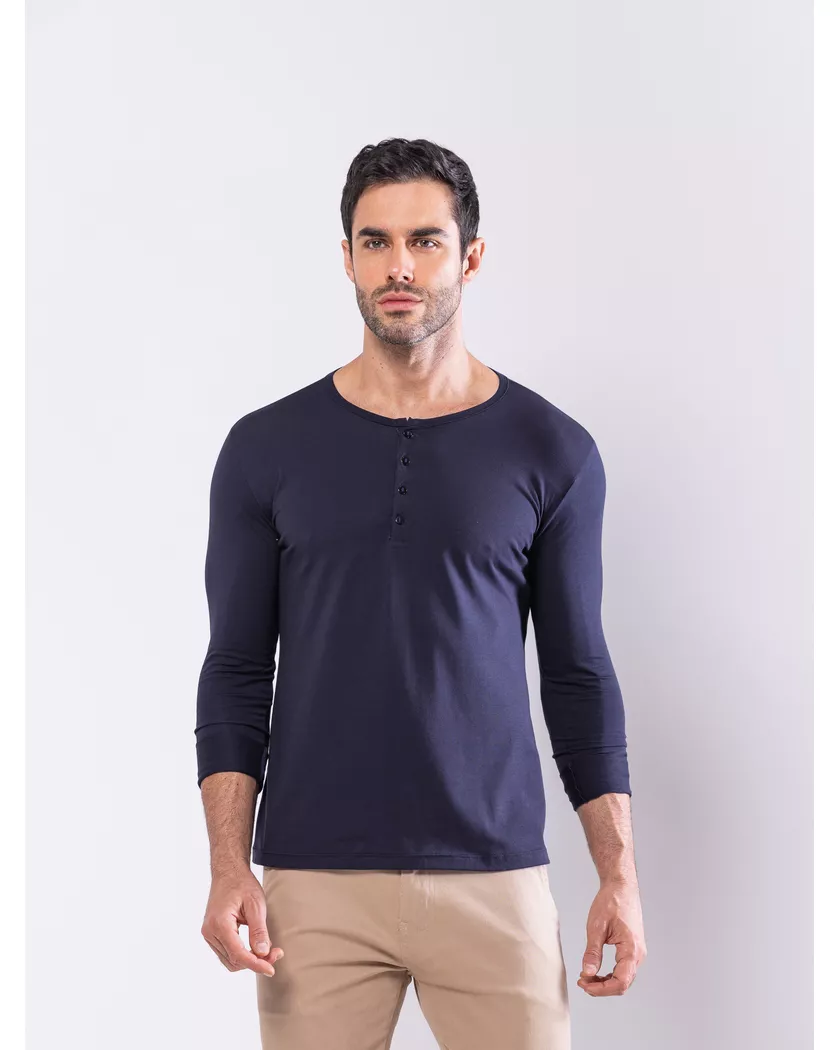 Camisa Henley Harvey Manga Longa Azul Marinho - Al... - Barão Alpha