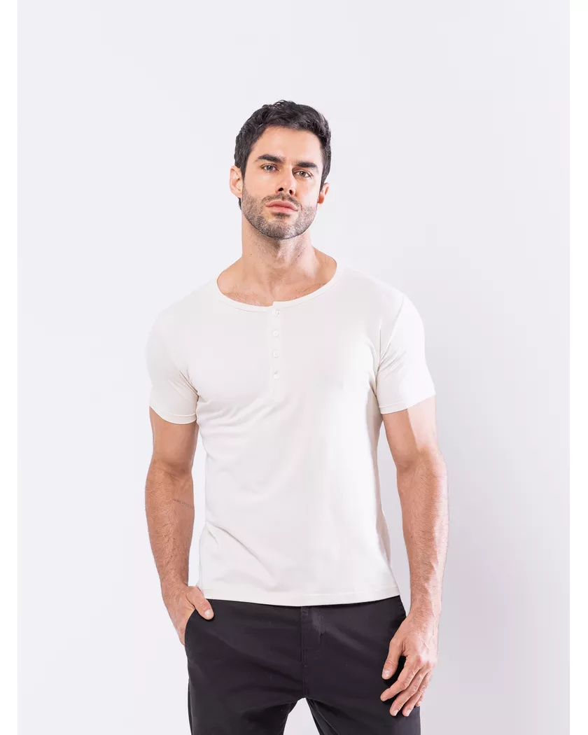 Camisa Henley Harvey Manga Curta Off White- Algodã... - Barão Alpha