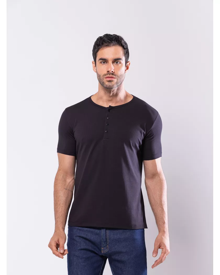 Camisa Henley Harvey Manga Curta Preta - Algodão P... - Barão Alpha