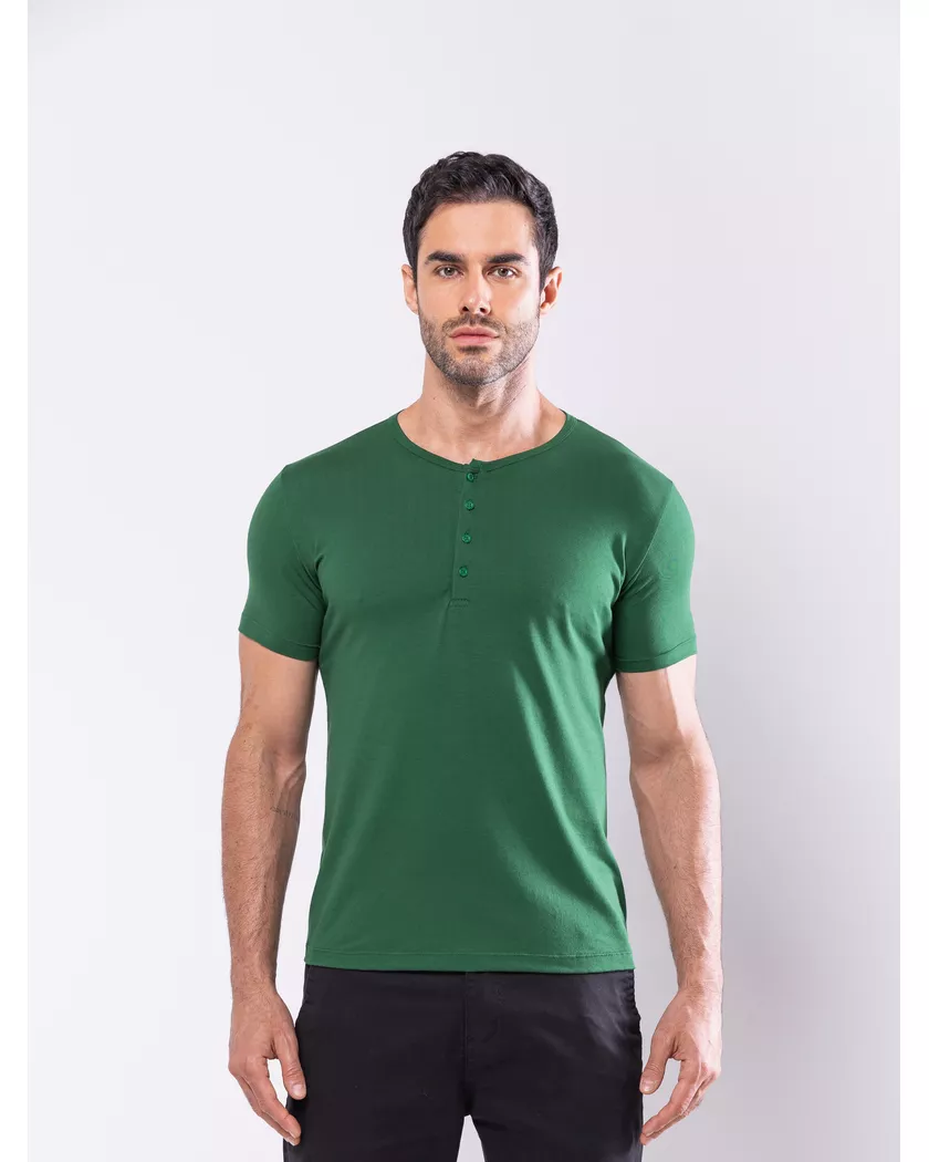 Camisa Henley Harvey Manga Curta Verde - Algodão P... - Barão Alpha