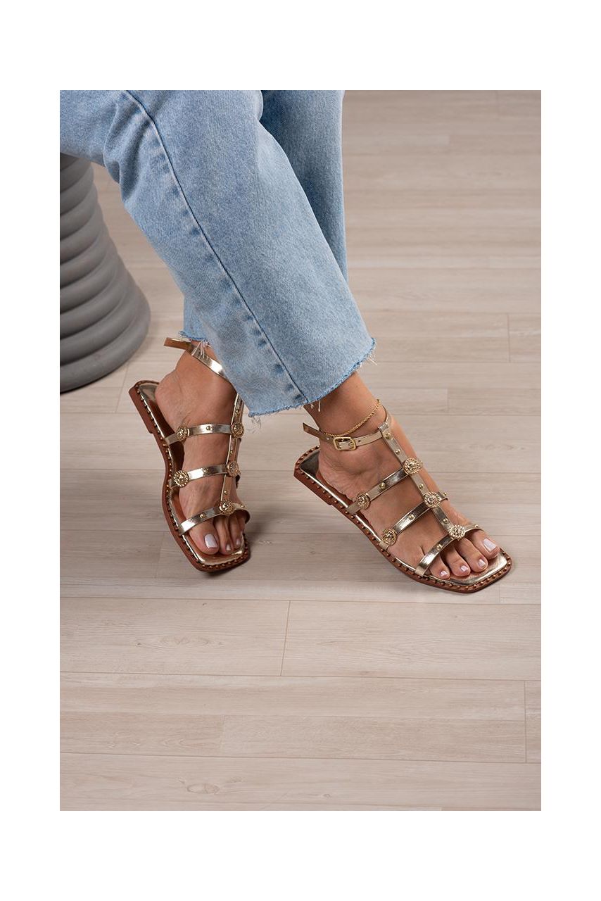 Sandália Rasteira Cravejada Moeda_730- Ouro - CATALOGO DE MODELOS