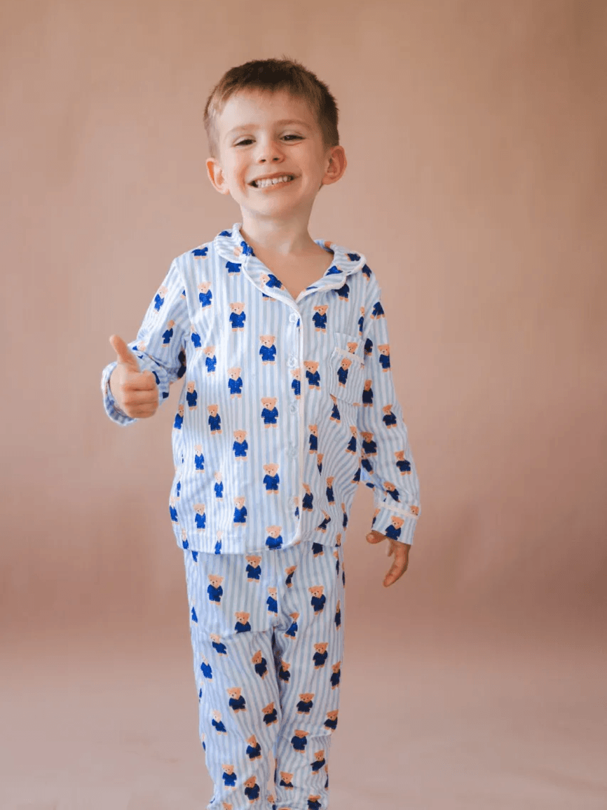 Pijama Infantil Americano Longo Urso Listras Azul - TUTTI AMI