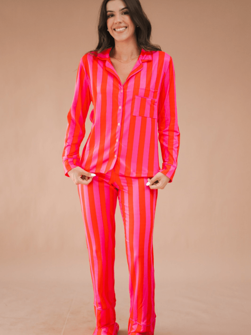 Pijama Feminino Americano Longo Listras Pink e Laranja - TUTTI AMI