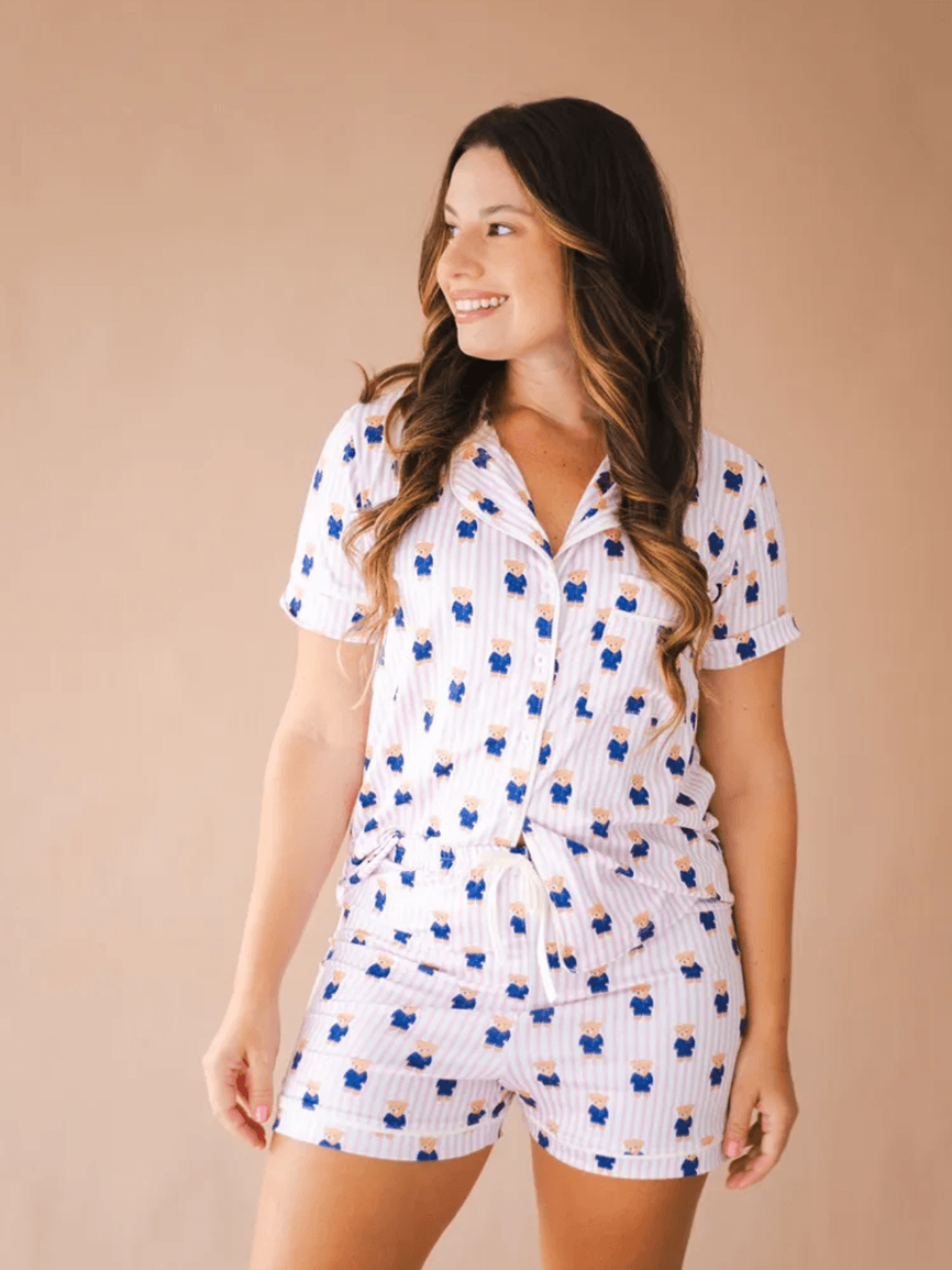 Pijama Feminino Americano Curto Agda Ursos Listras Rosa - TUTTI AMI - Loja Oficial