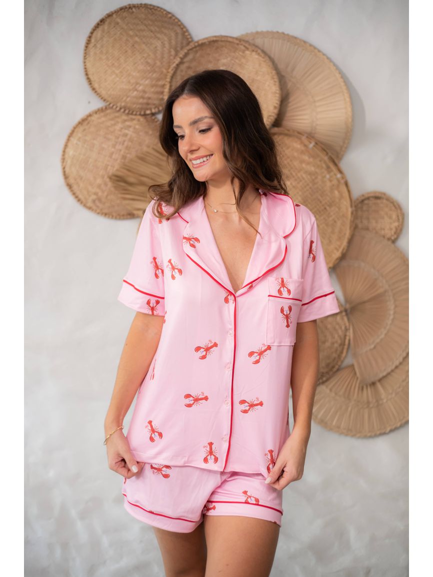 Pijama Feminino Americano Curto Lagosta Rosa - TUTTI AMI - Loja Oficial