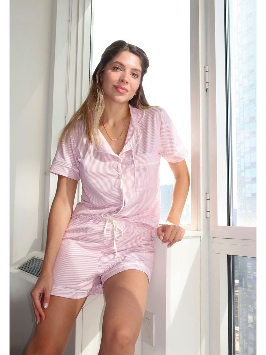 Pijama Feminino Americano Curto Listrado Rosa - TUTTI AMI - Loja Oficial