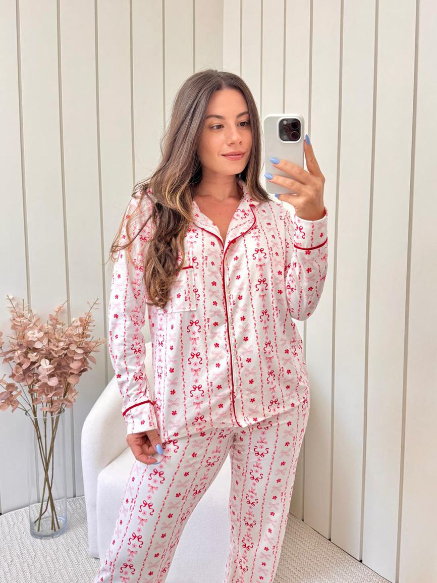 Pijama Feminino Americano Longo Laço Vermelho - TUTTI AMI - Loja Oficial