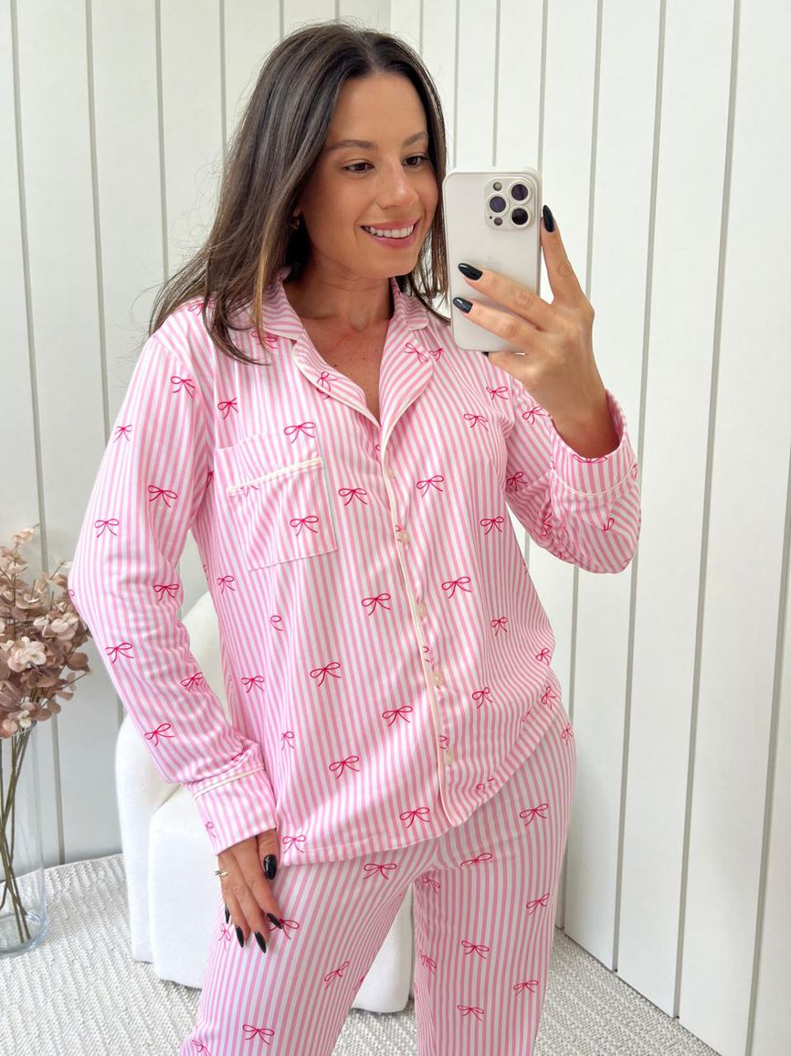 Pijama Feminino Americano Longo Laços Rosa - TUTTI AMI - Loja Oficial