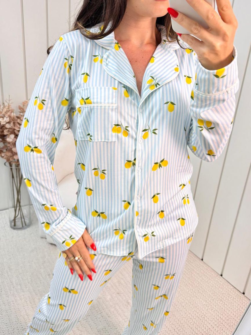 Pijama Feminino Americano Longo Listrado Limão - TUTTI AMI - Loja Oficial