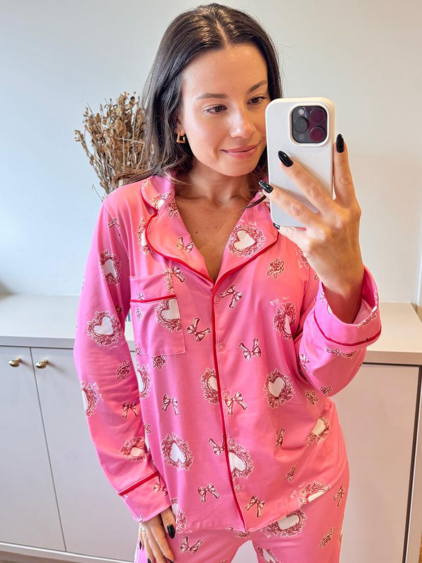 Pijama Feminino Americano Longo Rosa Corações - TUTTI AMI - Loja Oficial