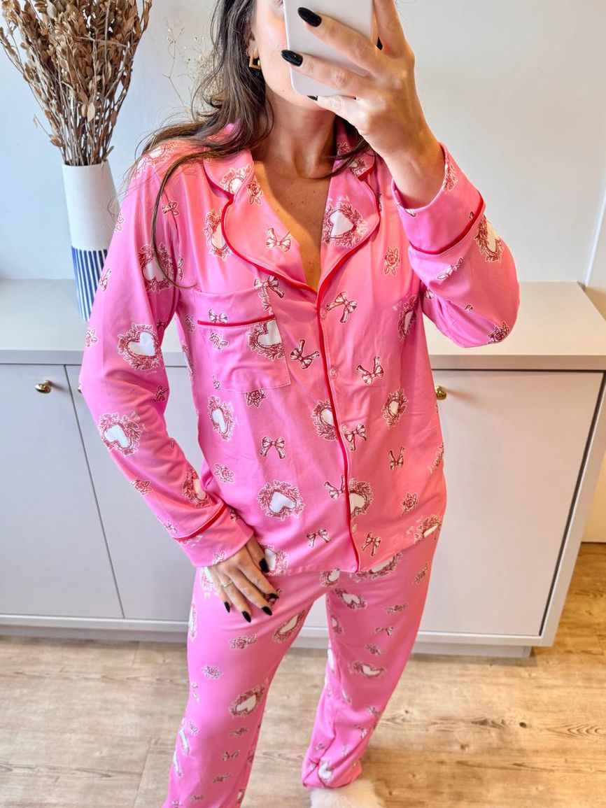 Pijama Feminino Americano Longo Rosa Corações - TUTTI AMI - Loja Oficial